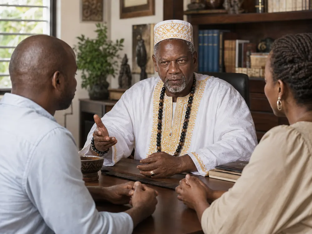 Professeur Dramé écoute un couple lors d’une consultation en Guadeloupe
